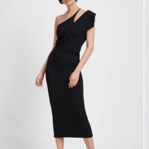 Marcella NYC Tiffany One Shoulder Black Midi Elegant Body Cone StretchDress Sz L